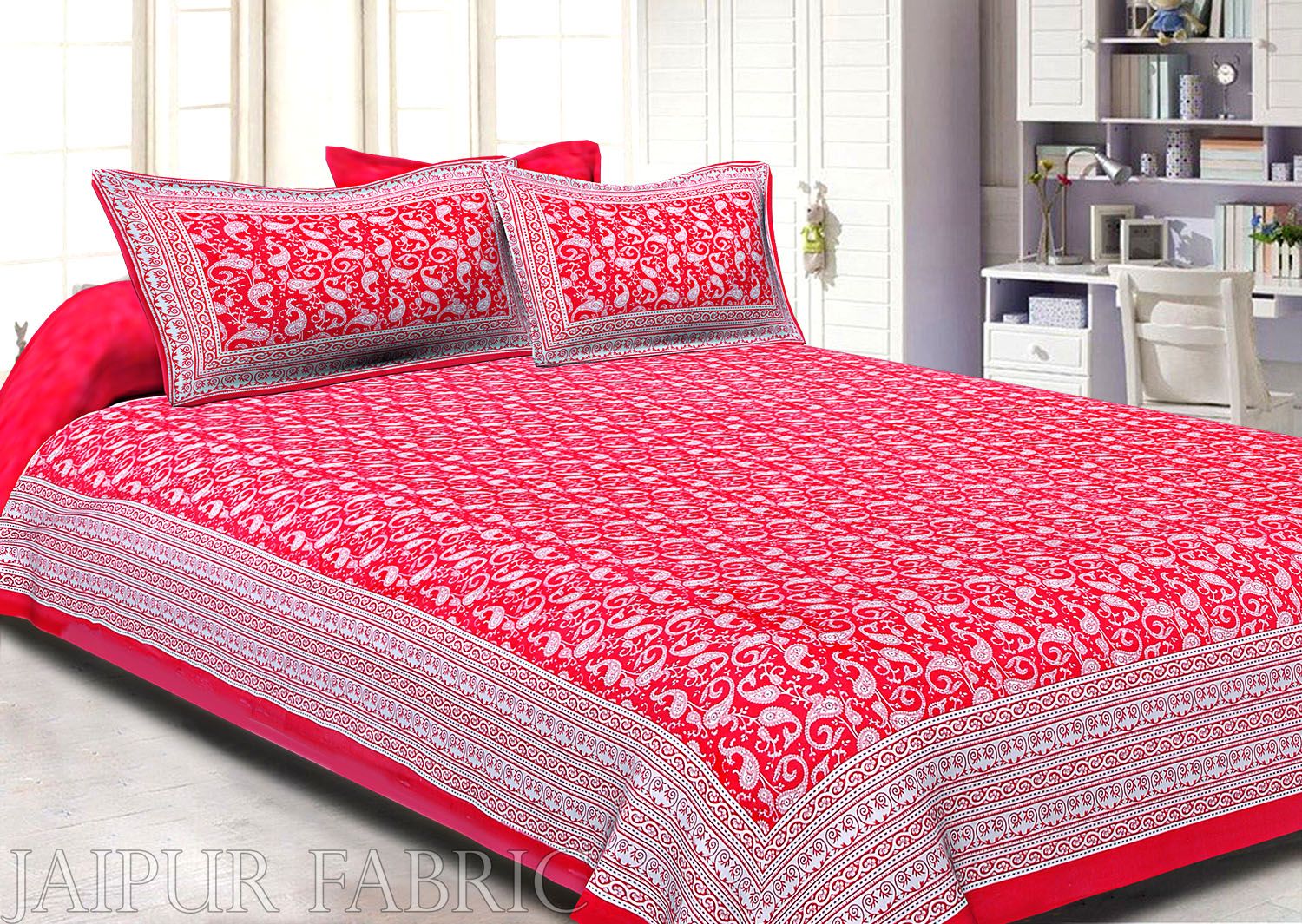 Rose Red Border Base Karry Design Super Fine Cotton Double Bedsheet