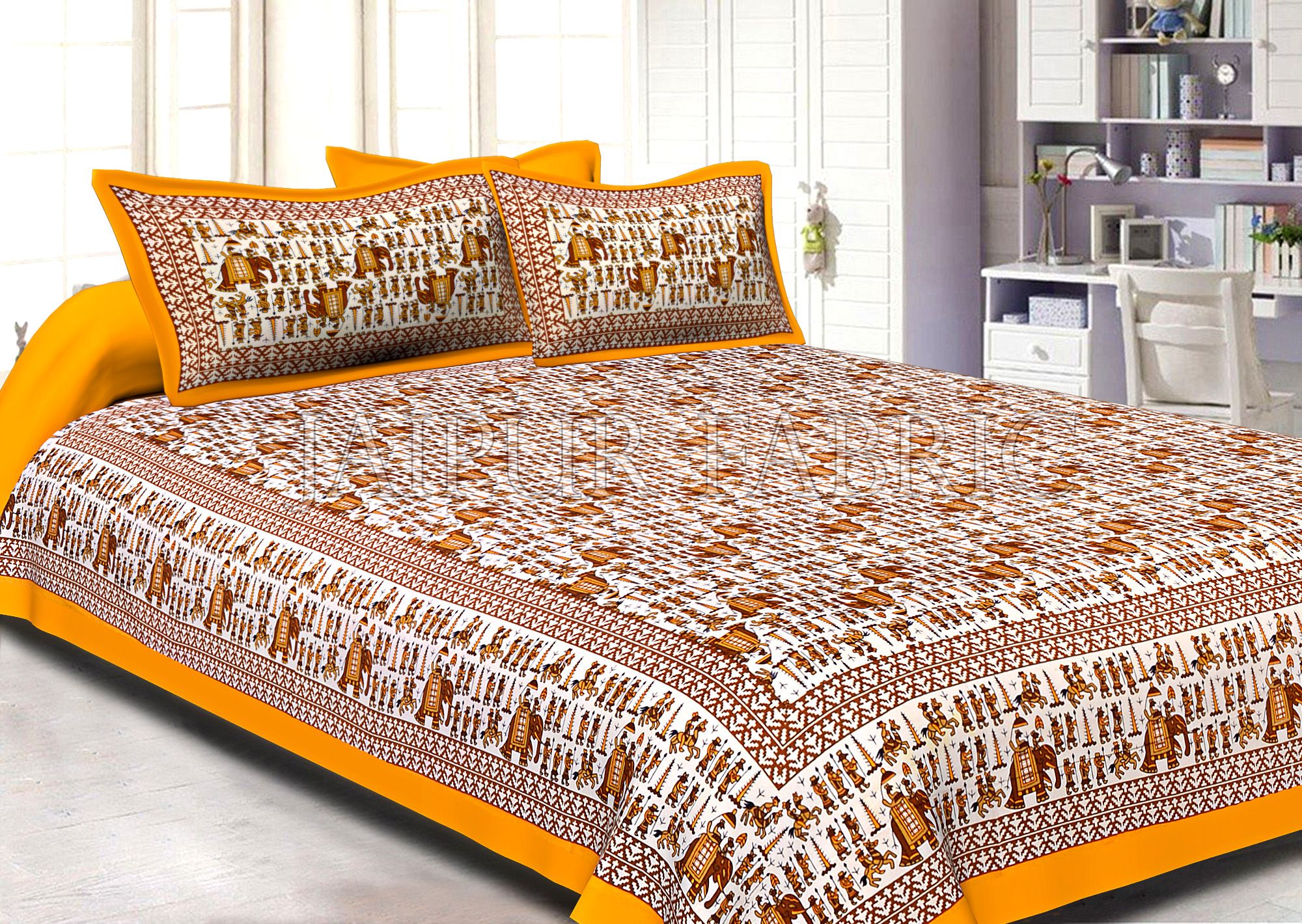 Yellow Pastel Color Jaipuri Fat Wedding Print Cotton Double Bed Sheet