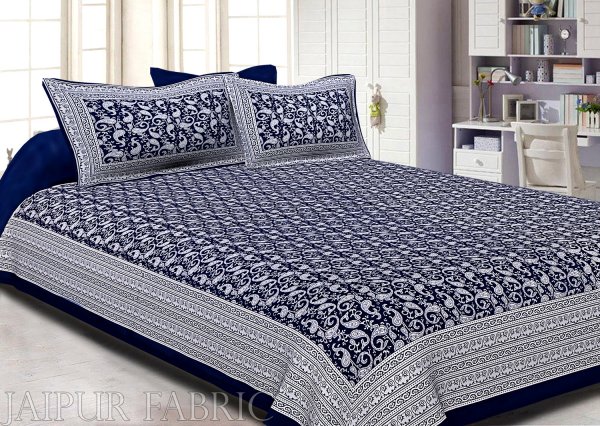 Navy Blue Border Base Karry Design Super Fine Cotton Double Bedsheet