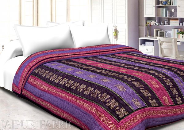 Magenta  Purple Broad Line  Golden Print Fine Cotton Double Quilt