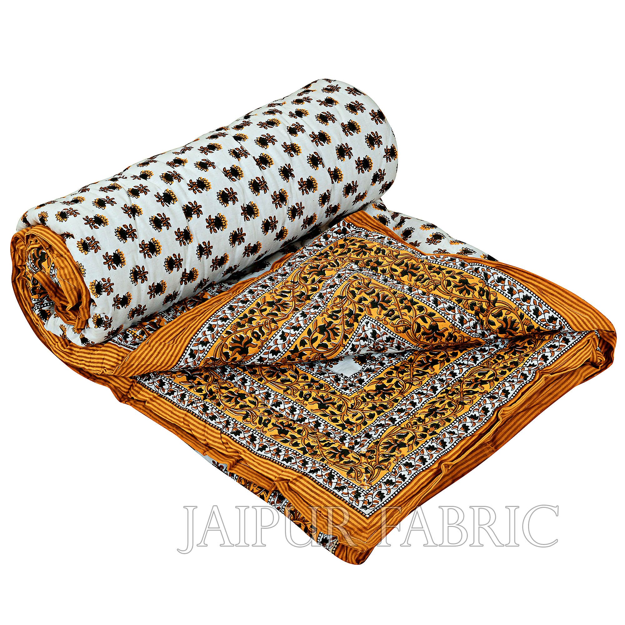 Brown Floral Print Cotton Handmade Single Bed Jaipuri Quilt