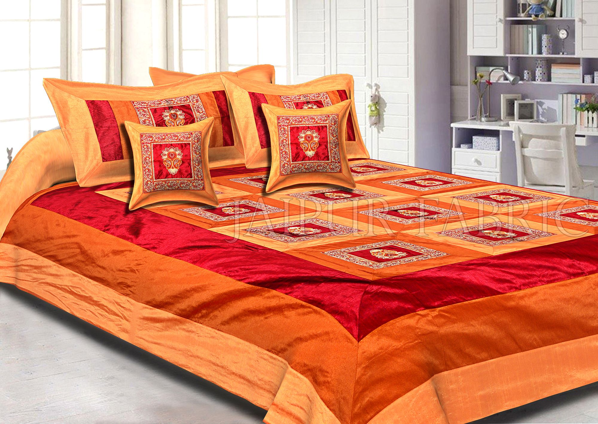 Orange Maroon Base Machine Embroidery and Zari Thread Work Silk Double Bed Sheet