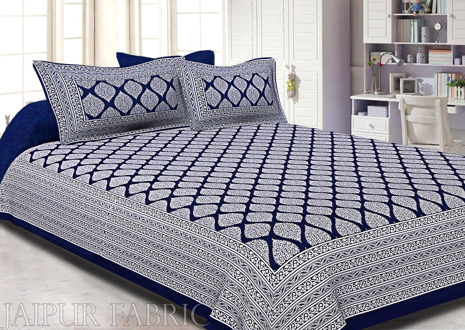 Navy Blue Border White  Base Lahariya Print Super Fine Cotton Double Bedsheet