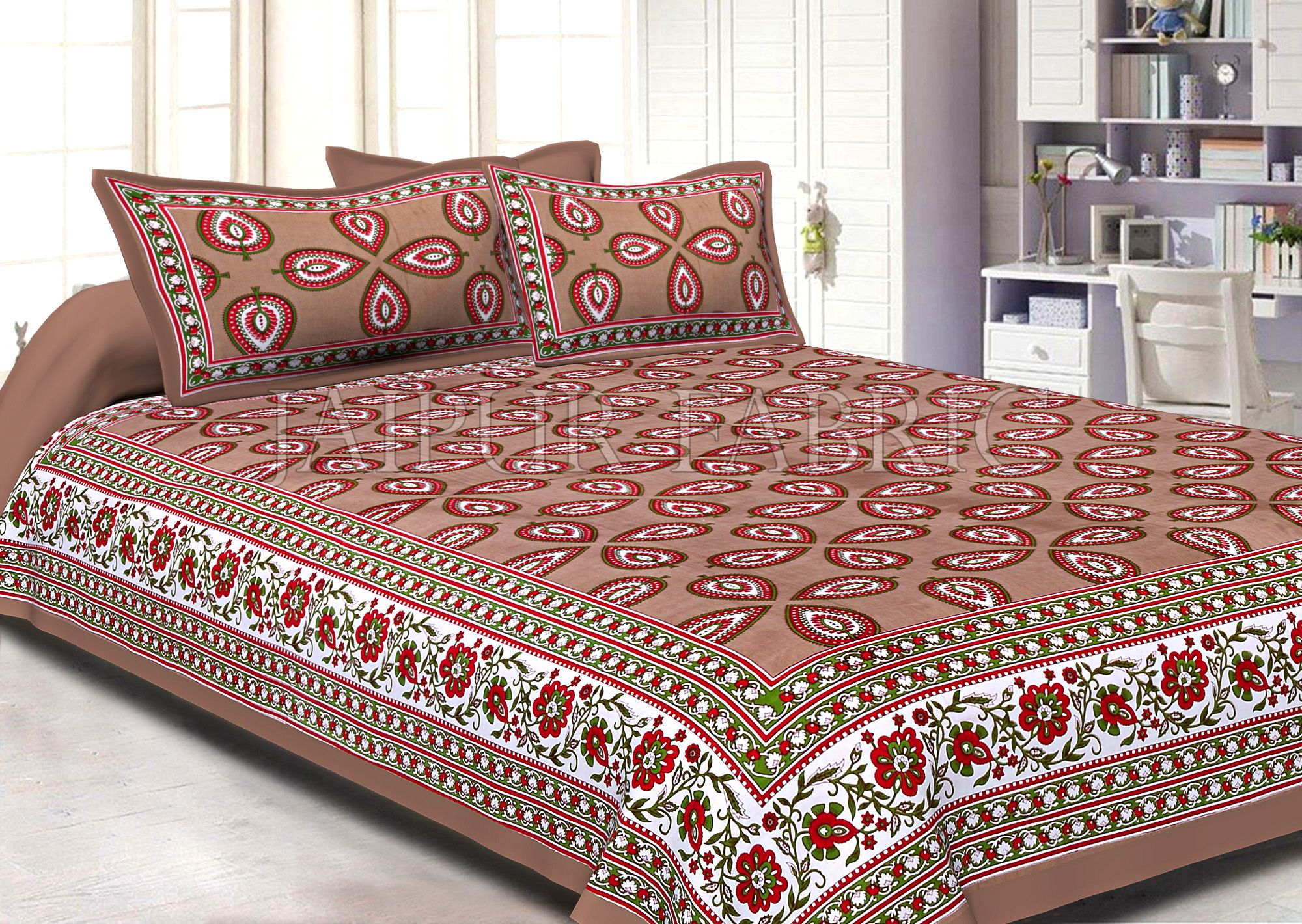 Brown Color Jaipuri Paan Patti Print Double Bed Sheet