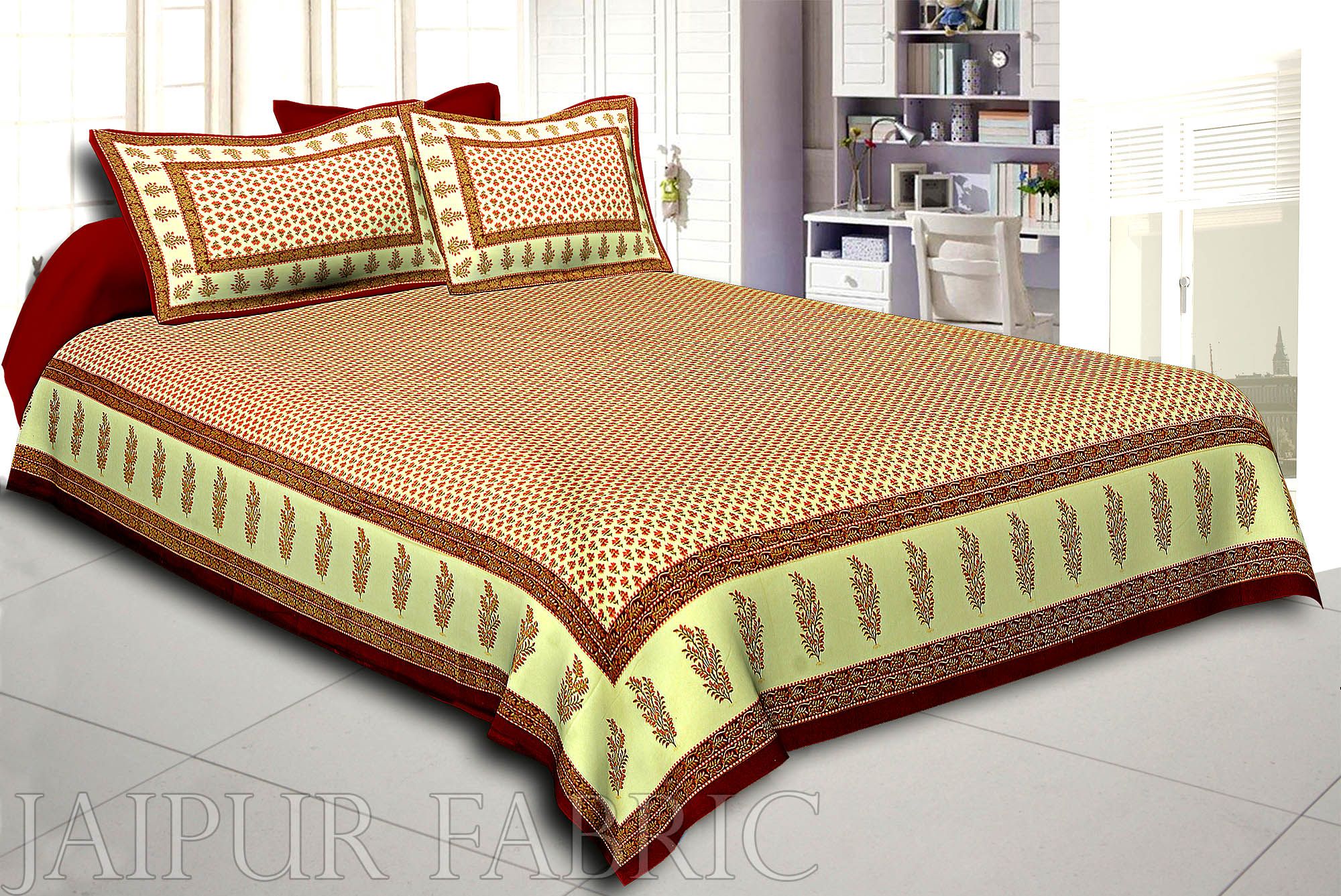 Maroon Border Cream Base Small Tree Pattern With Golden Print Super Fine Cotton Double Bedsheet