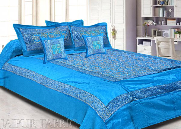 Firozi Base With Golden Print And Zari Border Silk Double Bedsheet