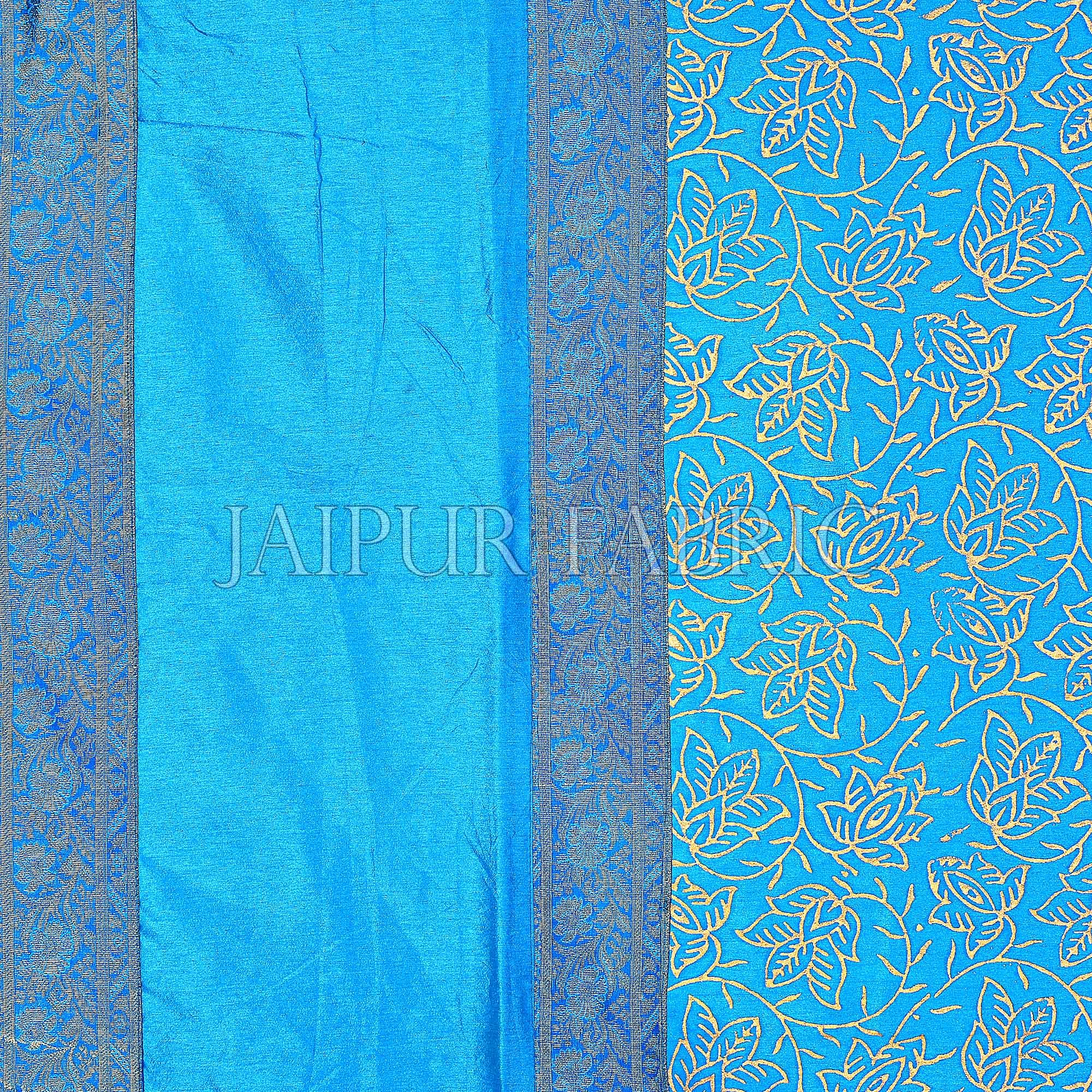 Firozi Base With Golden Print And Zari Border Silk Double Bedsheet