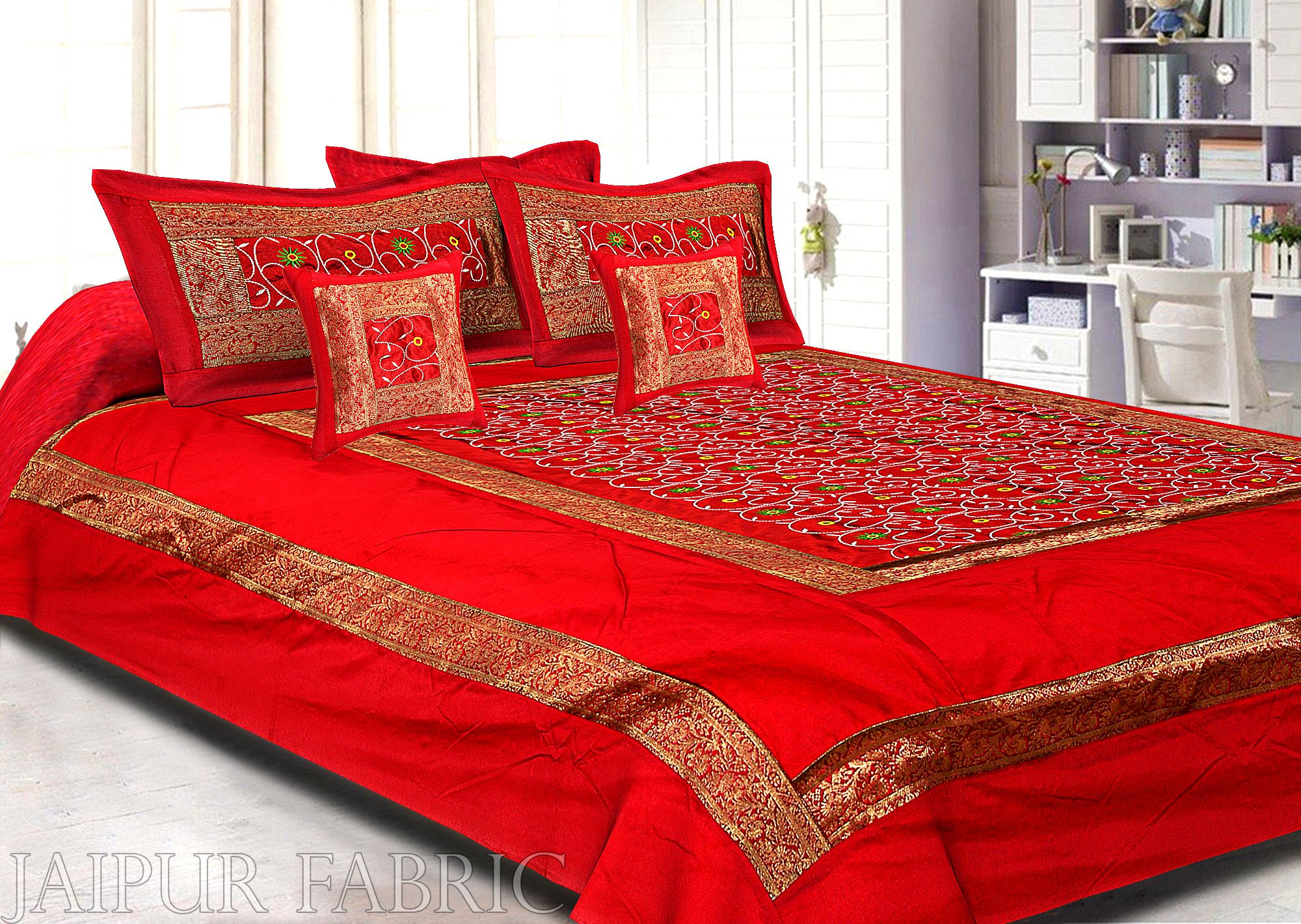 Radish Maroon Base Computer Emboirdery With Zari Border Silk Double Bedsheet