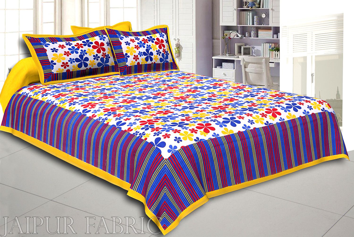 Multi Color Floral Vertical Stripes Yellow Border Cotton Double Bed Sheet