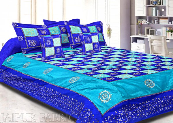 Blue And Firozi Chess Gold Patten  With Golden Print Silk Double Bedsheet