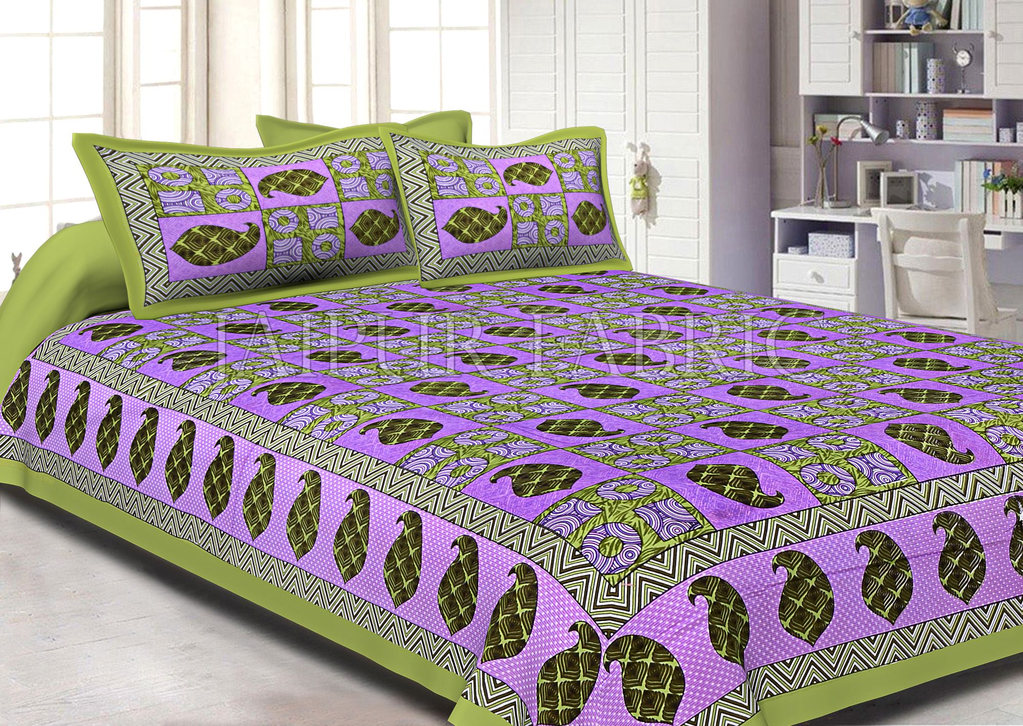 Keri Print  Pink Color Base with Green Border Double Bed Sheet