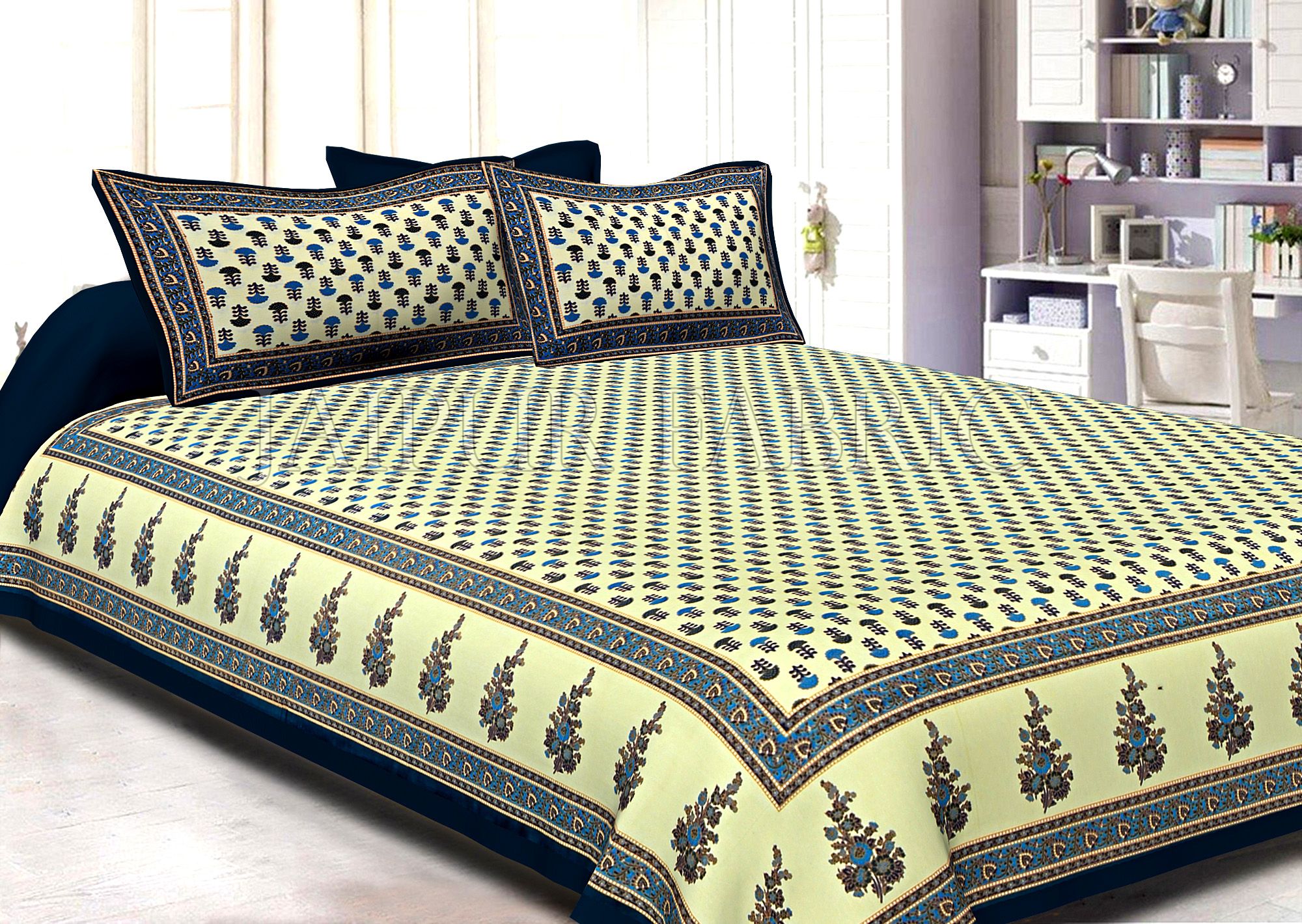 Dark Green Border Cream Base Small Tree Pattern With Golden Print Super Fine Cotton Double Bedsheet