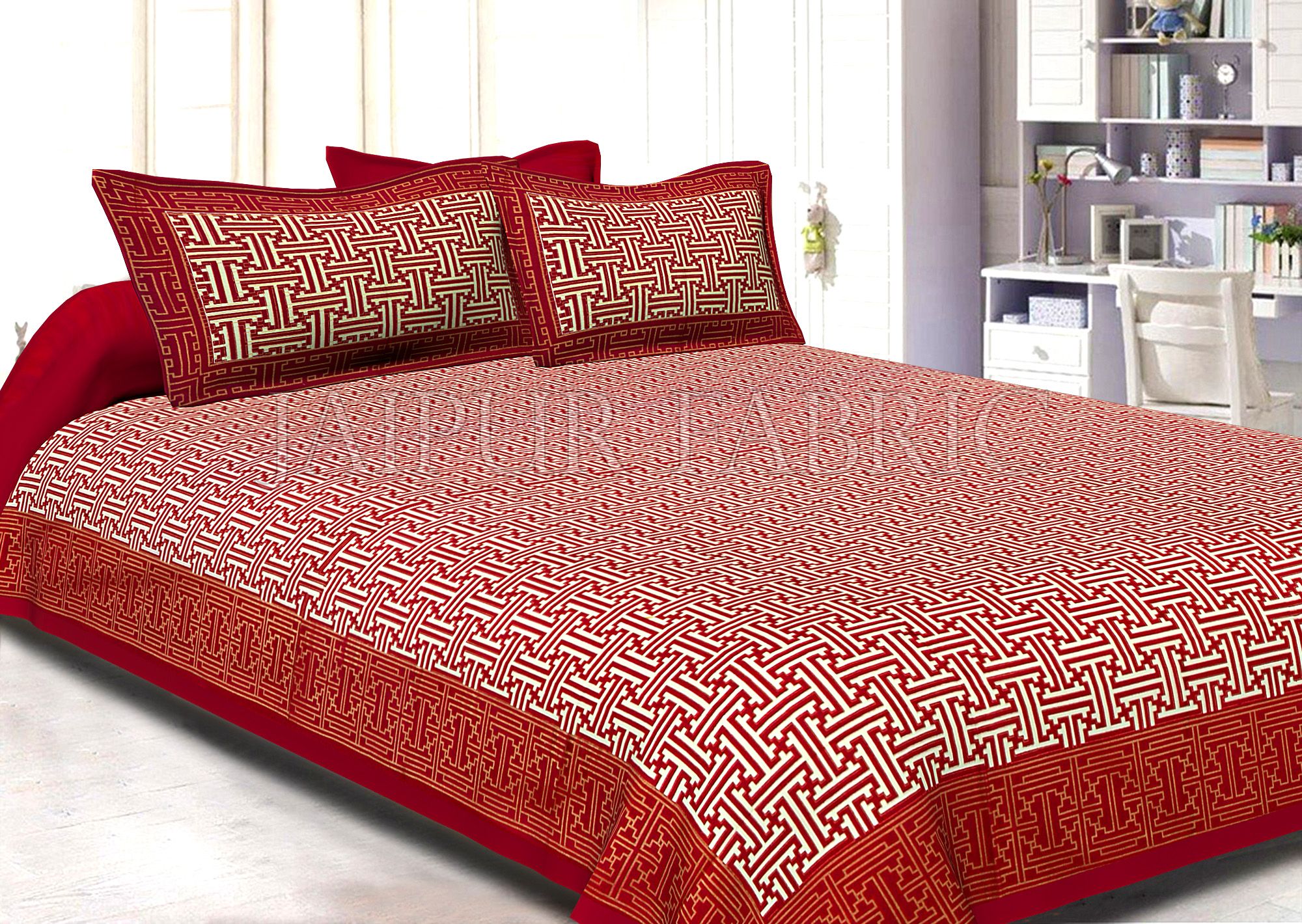 Maroon Border Cream Base Zig Zag Pattern With Golden Lining Super Fine Cotton Double Bedsheet