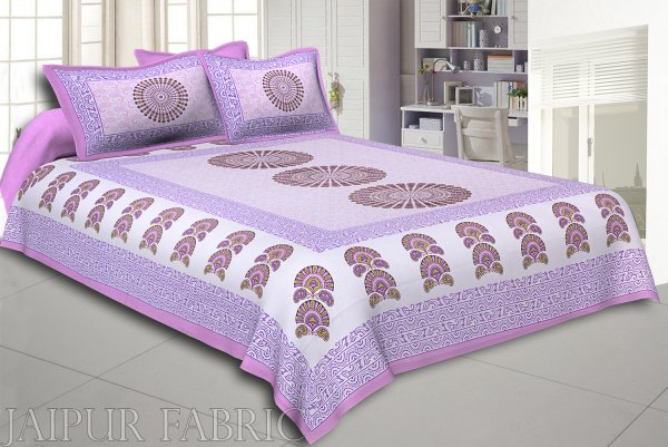 Purple Sanganeri Printed Cotton Double Bed Sheet