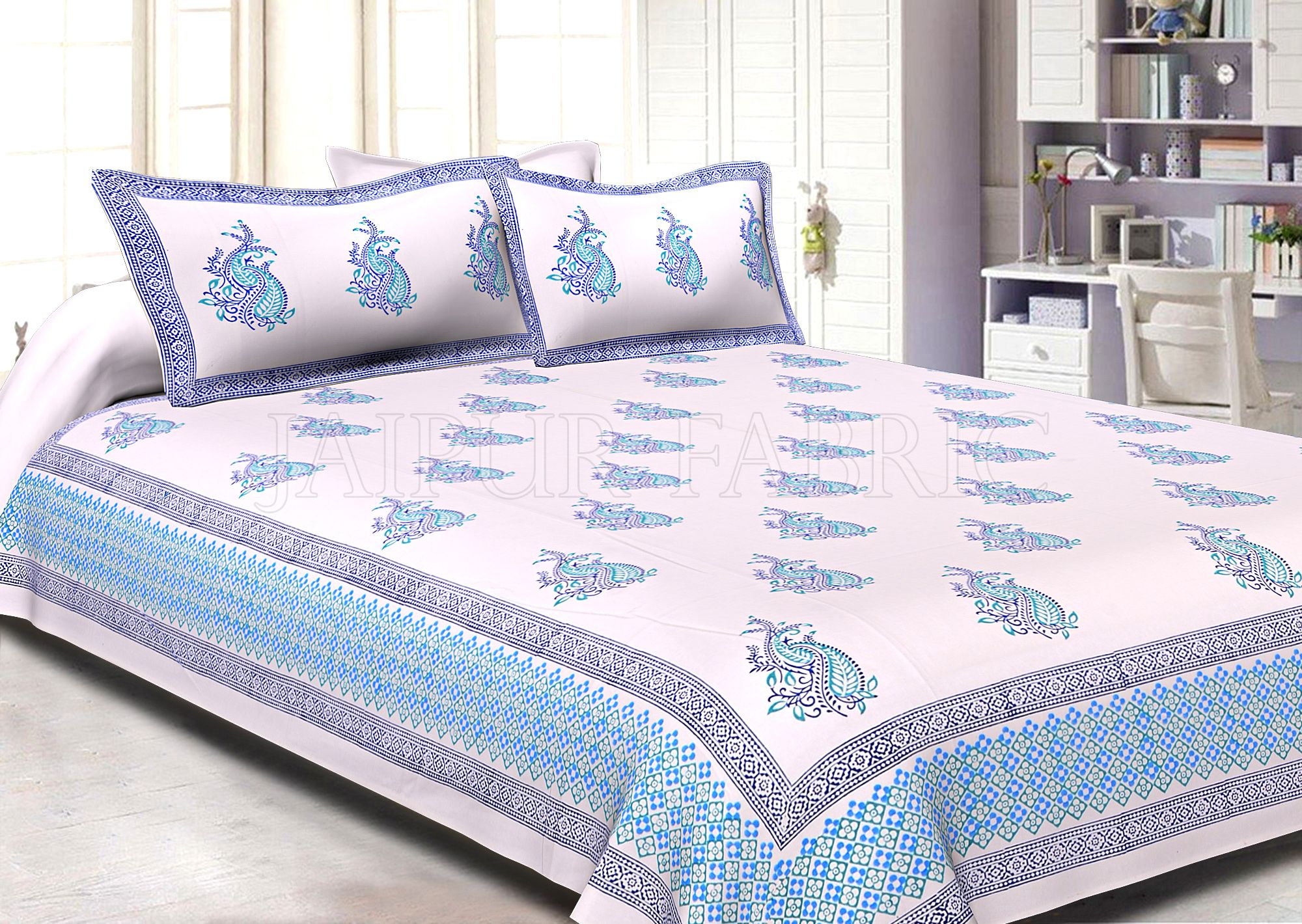 White Base Light And Dark Blue Twin Leaf Pattern Hand Block Super Fine Cotton Double Bedsheet