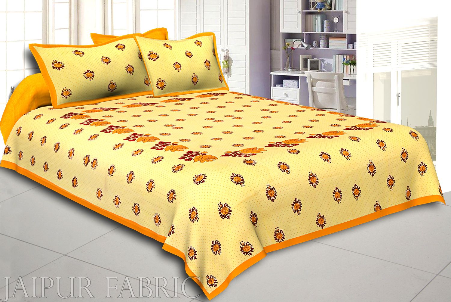 Dotted Yellow Base Yellow Lotus Flower Print Cotton Double Bed Sheet