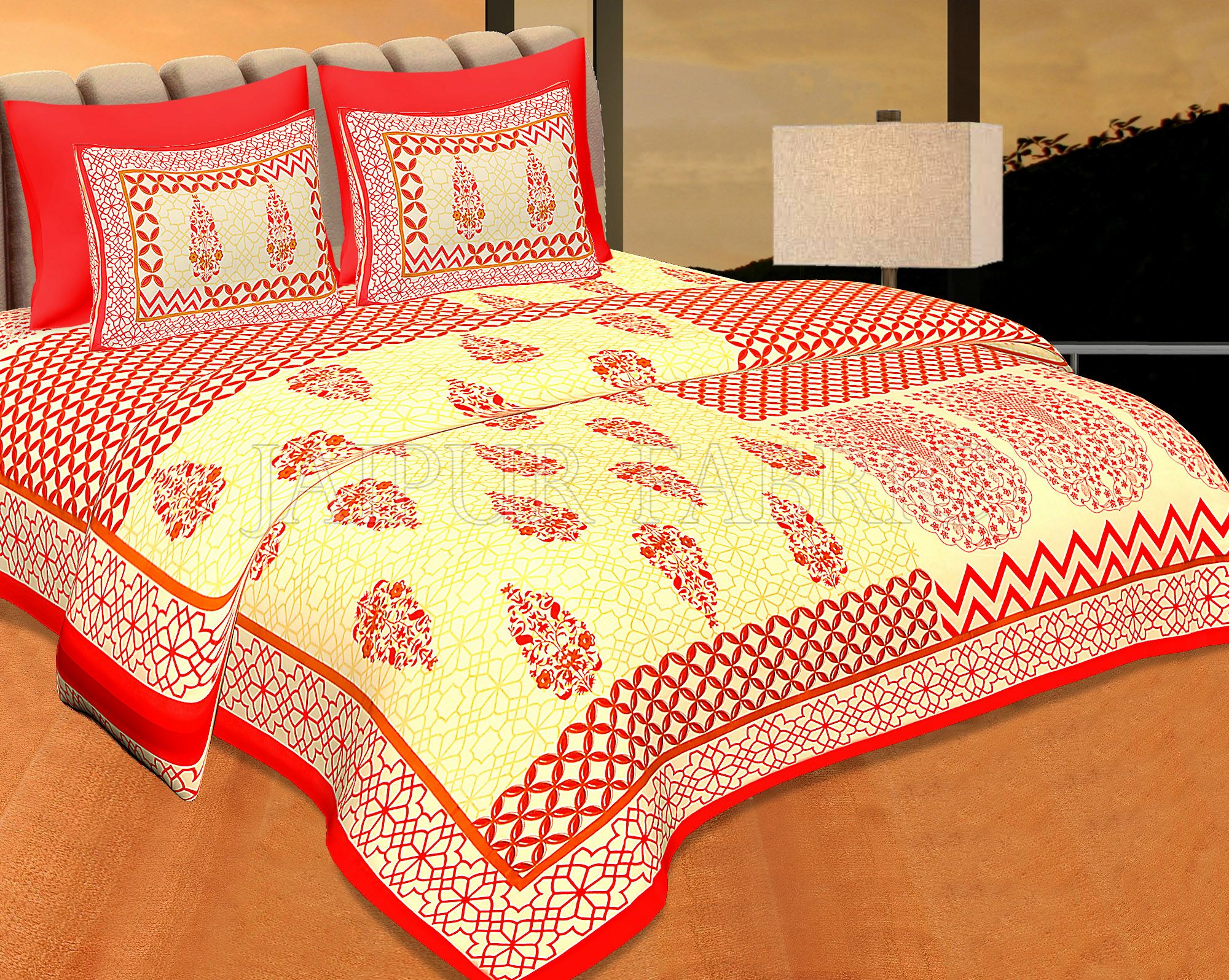 Red Border Creame Base With Rangoli And Gamala Printin Designer Pattern Fine Cotton Poplin Double Bedsheet With Two Pillow