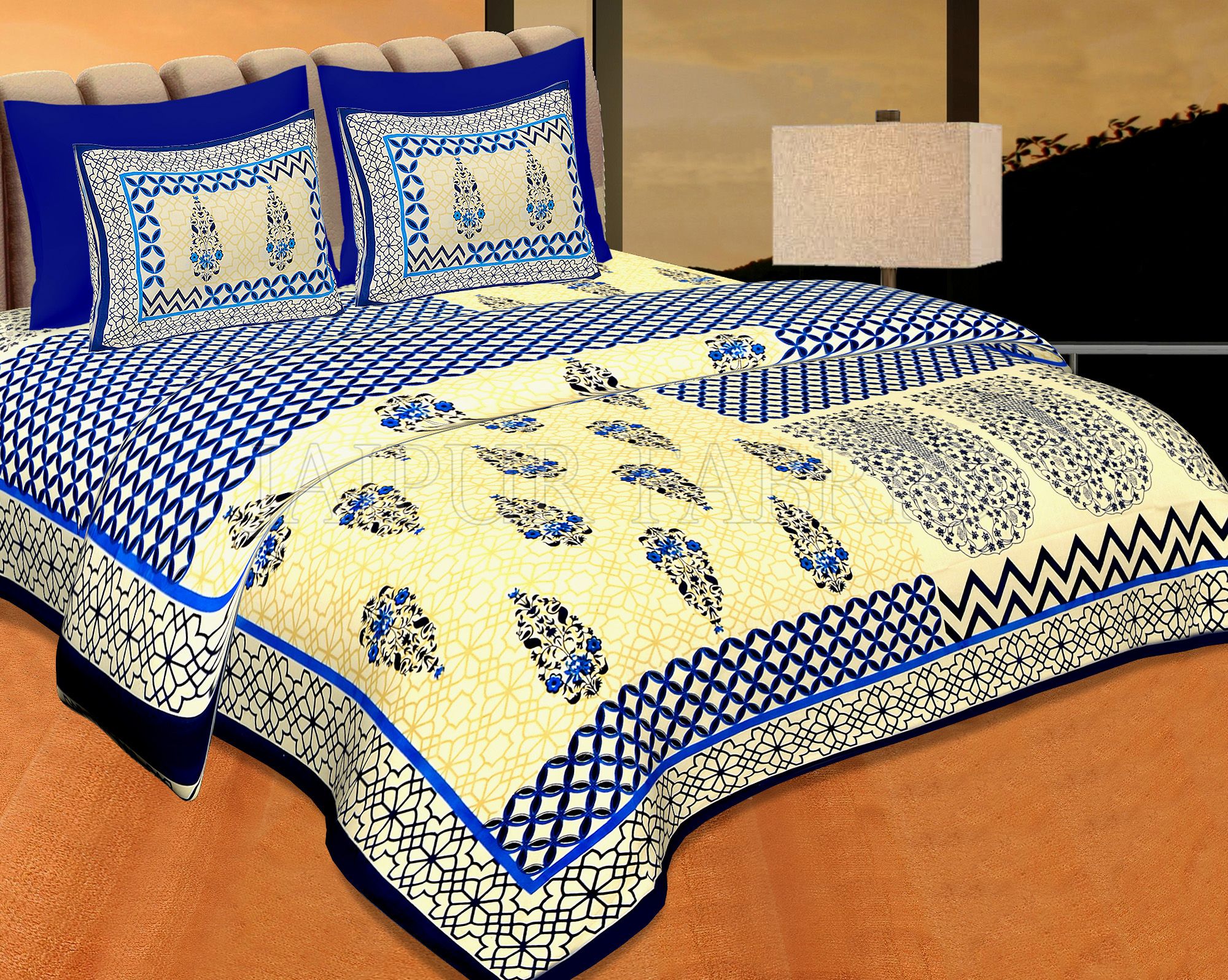 Navy Blue creame Base With Rangoli And Gamala Printin Designer Pattern Fine Cotton Poplin Double Bedsheet With Two Pillow