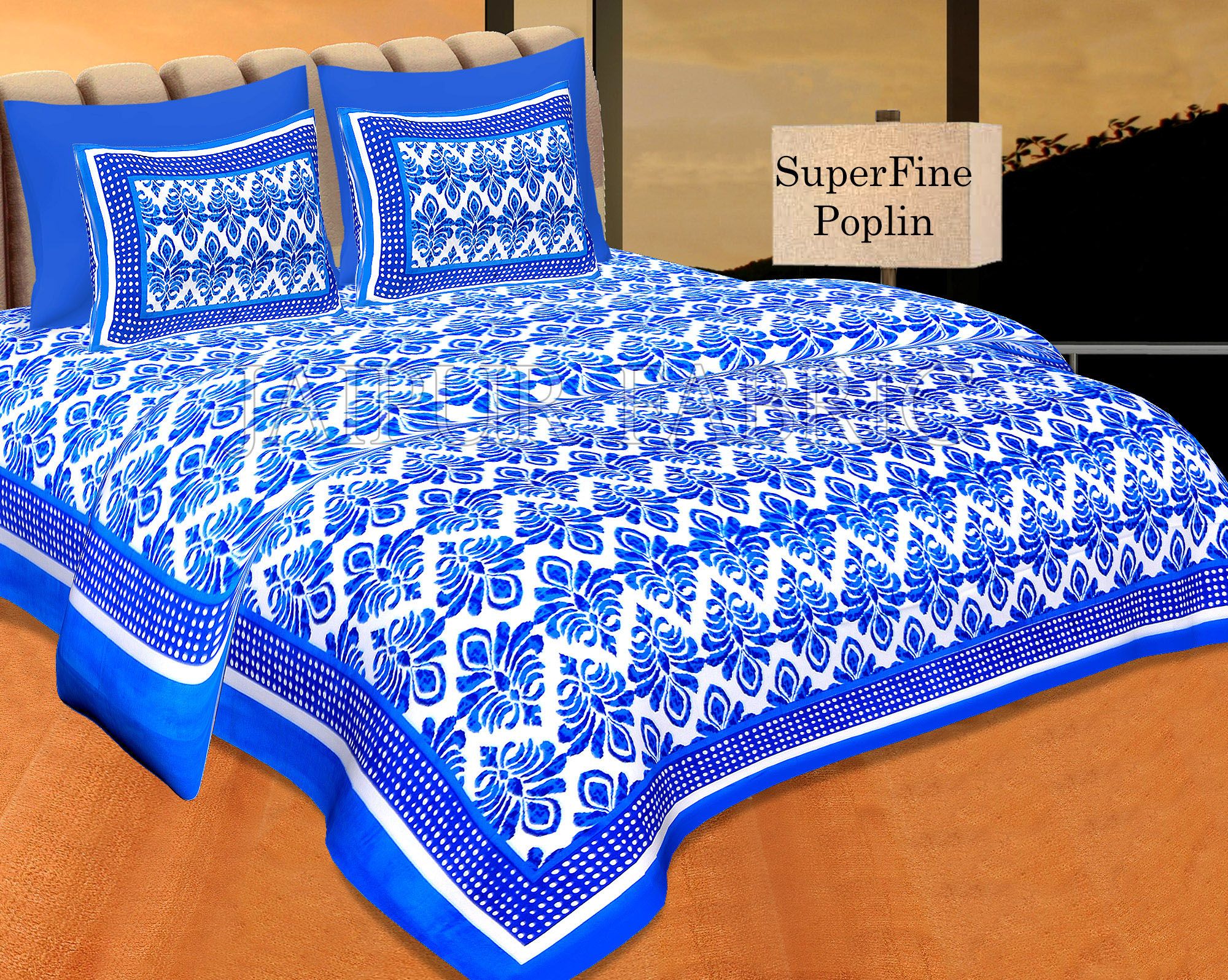 Blue Border Polka Frame Whit Base Blue Flower Print Super Fine Poplin Cotton Double Bedsheet With Two Pillow