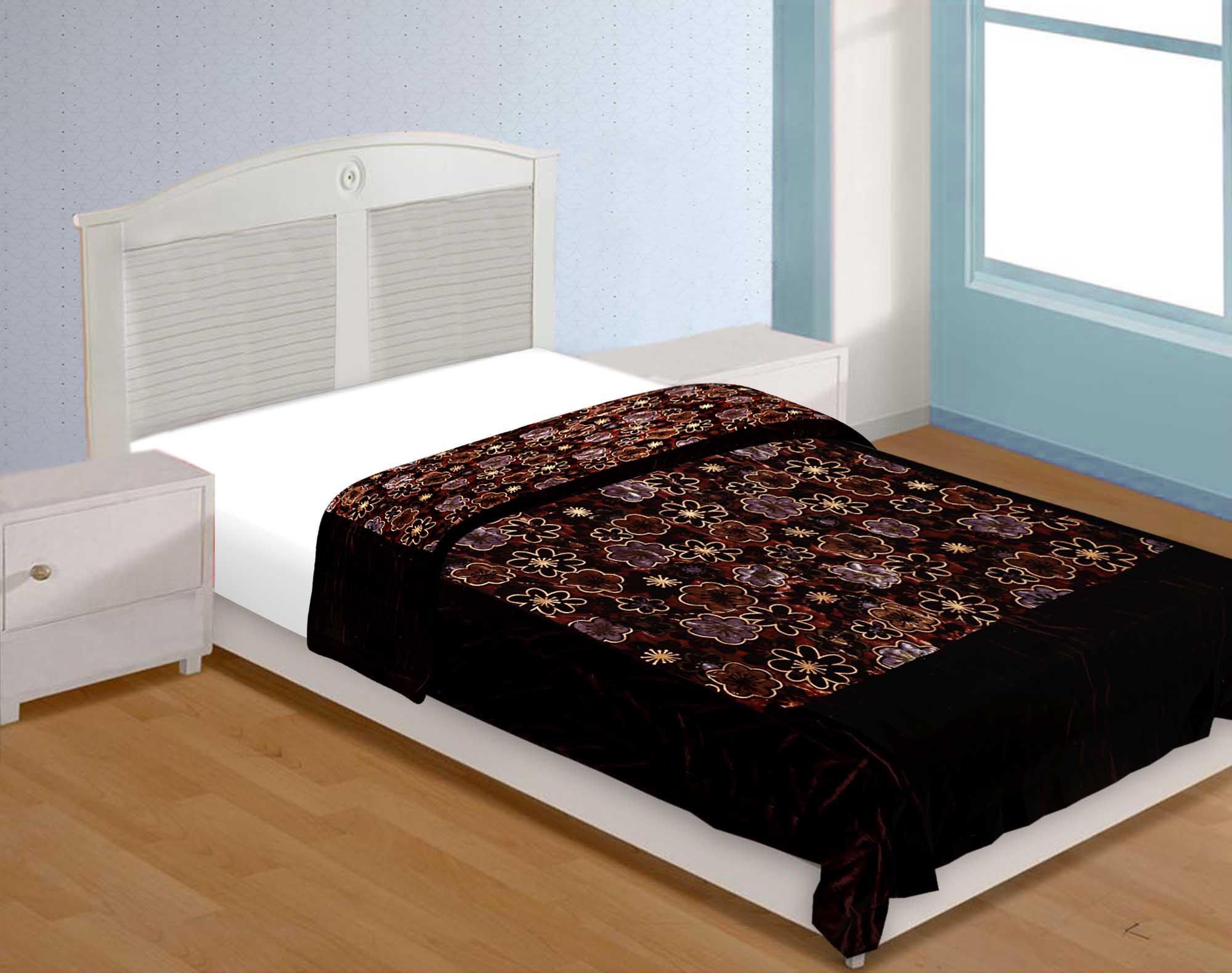 Dark  Brown With  Flower Print Velvet(Shaneel) Single  Quilt