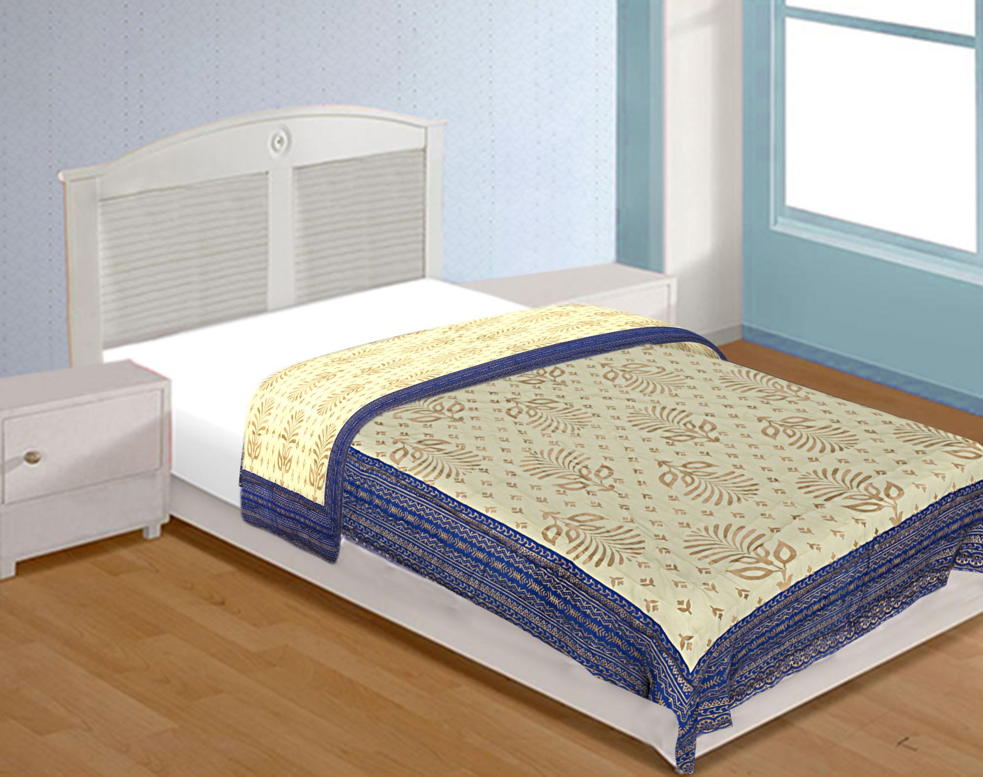 Jaipuri Single Razai with Blue  Leaf pattern Golden Print