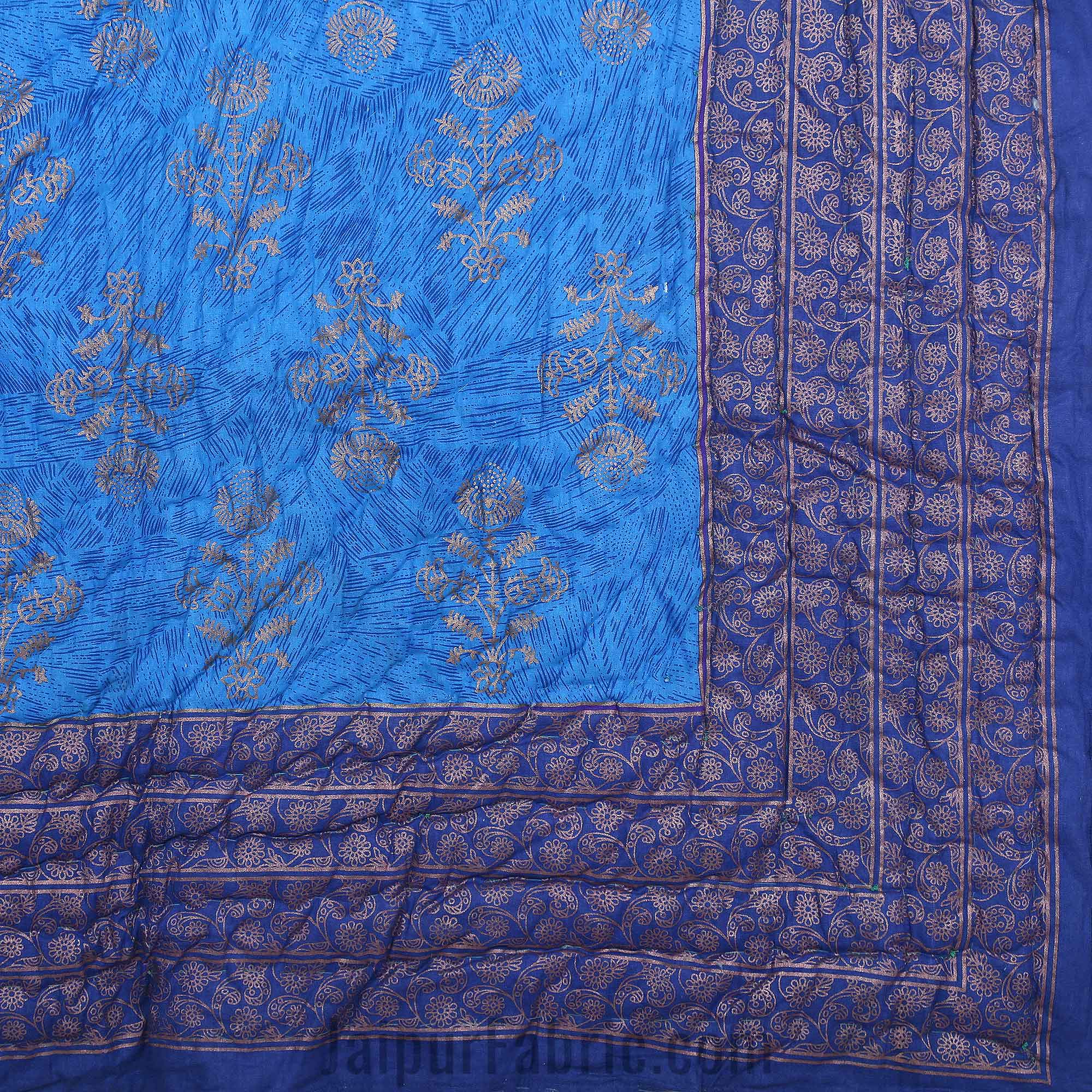 Jaipuri Printed Single Bed Razai Golden Blue and Purple with Paisley pattern