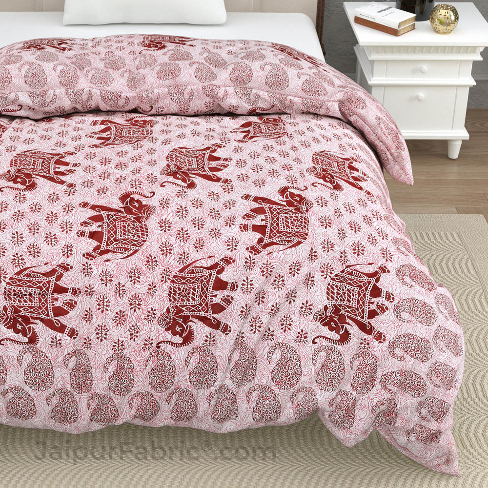 Jaipuri Quilt Maroon Elephant Print 200Gsm Fine Cotton Single Bed Rajai