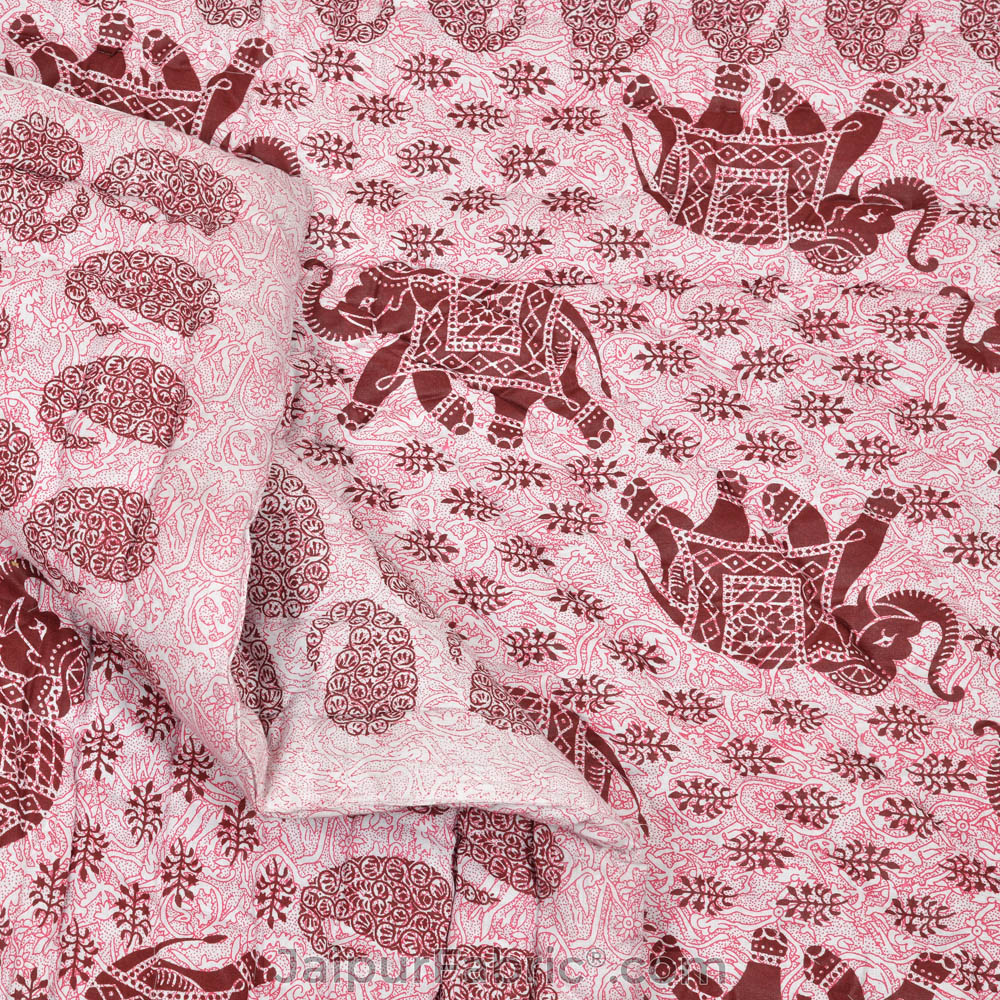 Jaipuri Quilt Maroon Elephant Print 200Gsm Fine Cotton Single Bed Rajai