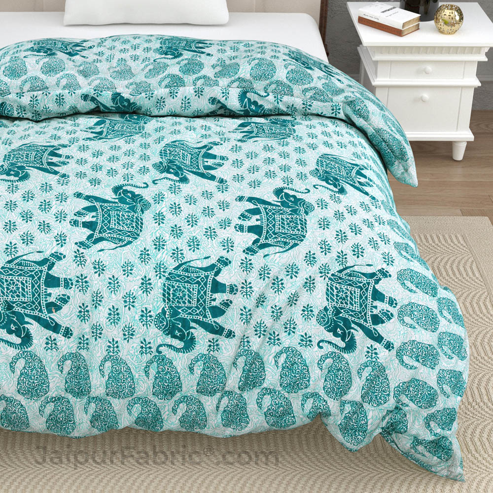 Jaipuri Quilt Sea Green Elephant Print 200Gsm Fine Cotton Single Bed Rajai