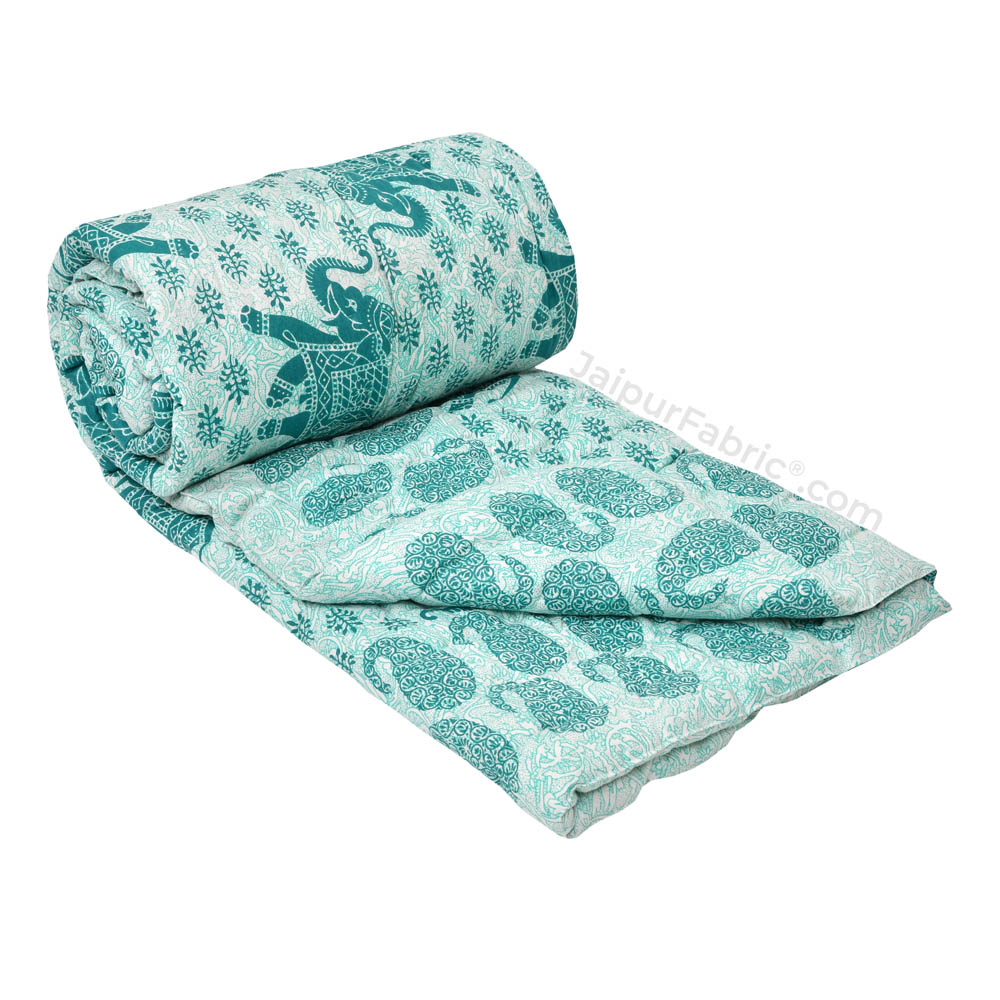 Jaipuri Quilt Sea Green Elephant Print 200Gsm Fine Cotton Single Bed Rajai