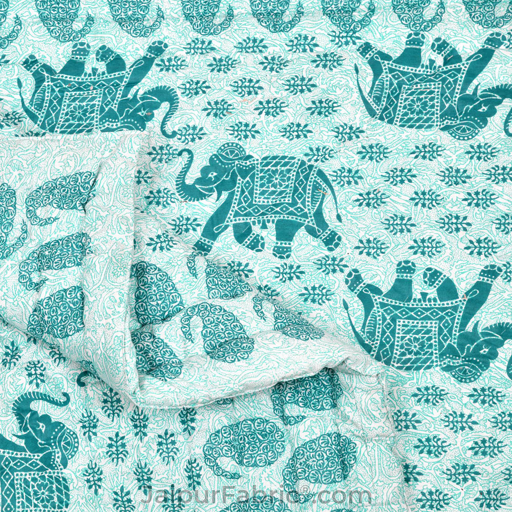 Jaipuri Quilt Sea Green Elephant Print 200Gsm Fine Cotton Single Bed Rajai