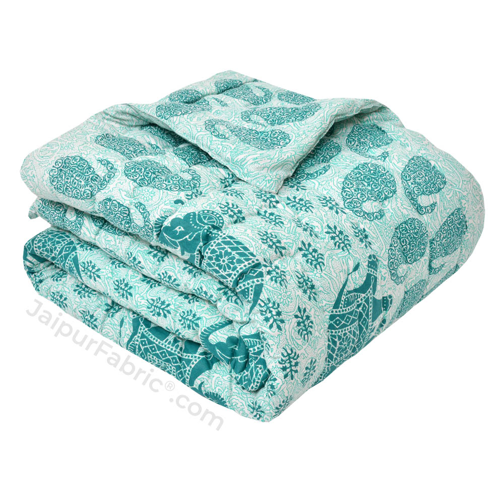 Jaipuri Quilt Sea Green Elephant Print 200Gsm Fine Cotton Single Bed Rajai