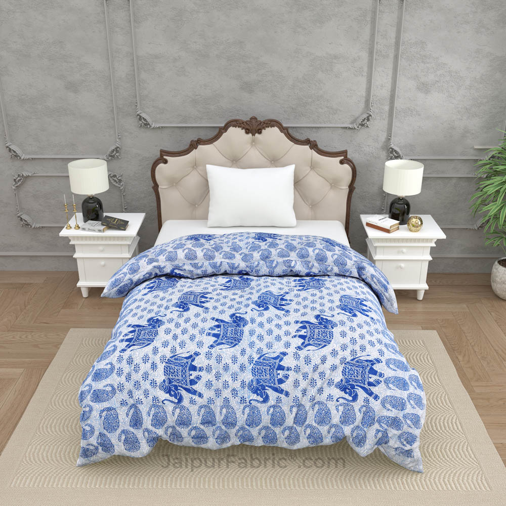 Jaipuri Quilt Blue Elephant Print 200Gsm Fine Cotton Single Bed Rajai