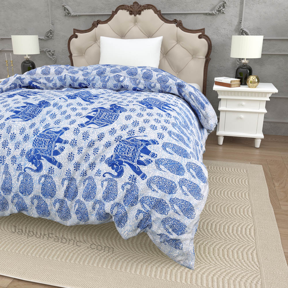 Jaipuri Quilt Blue Elephant Print 200Gsm Fine Cotton Single Bed Rajai