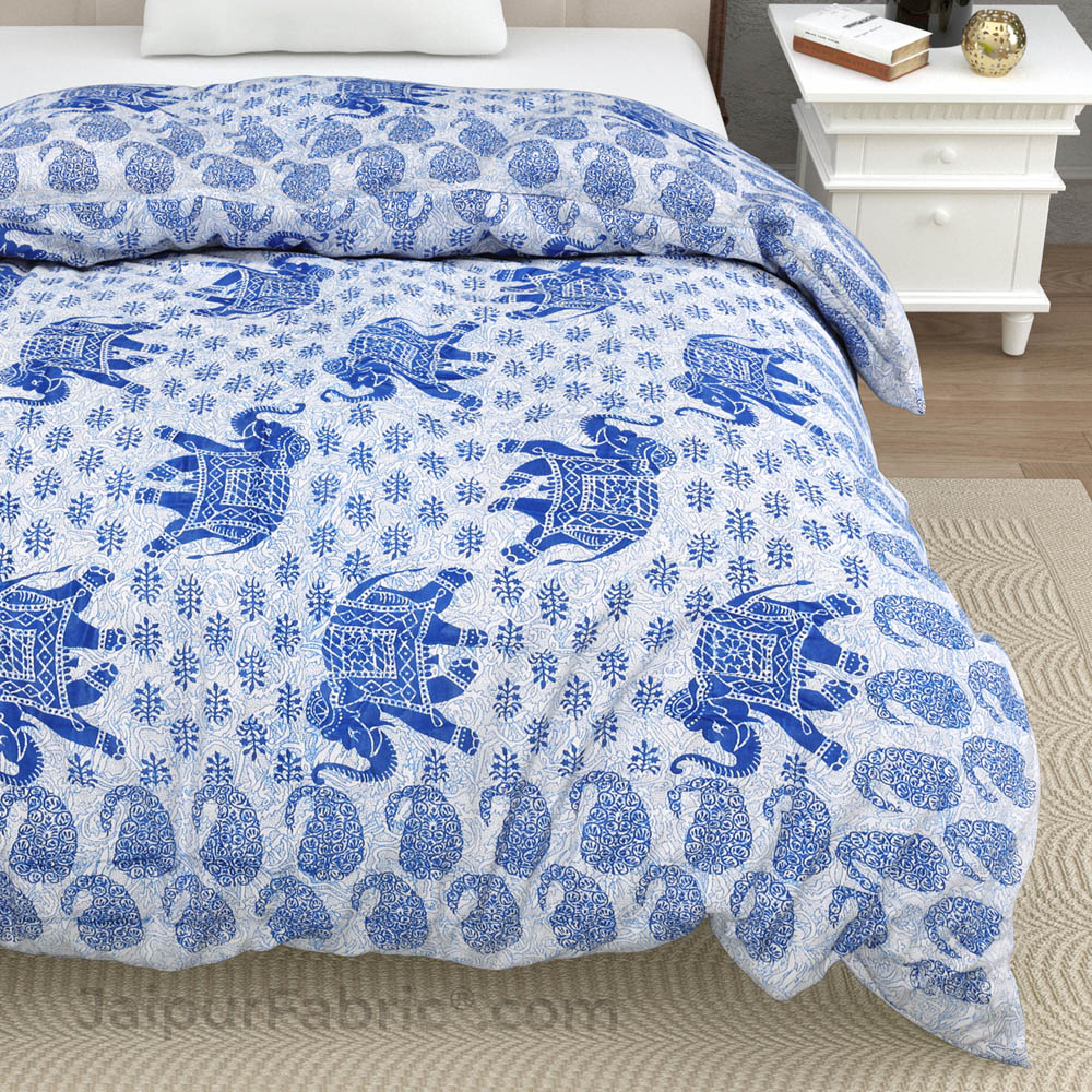 Jaipuri Quilt Blue Elephant Print 200Gsm Fine Cotton Single Bed Rajai