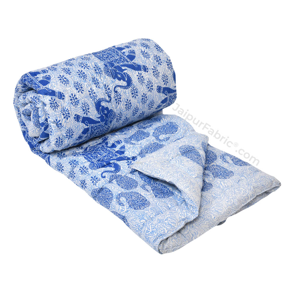 Jaipuri Quilt Blue Elephant Print 200Gsm Fine Cotton Single Bed Rajai