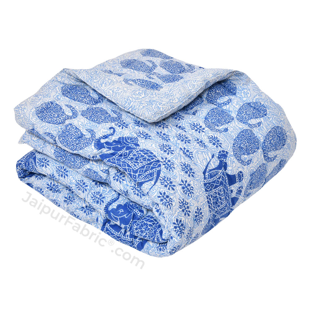 Jaipuri Quilt Blue Elephant Print 200Gsm Fine Cotton Single Bed Rajai