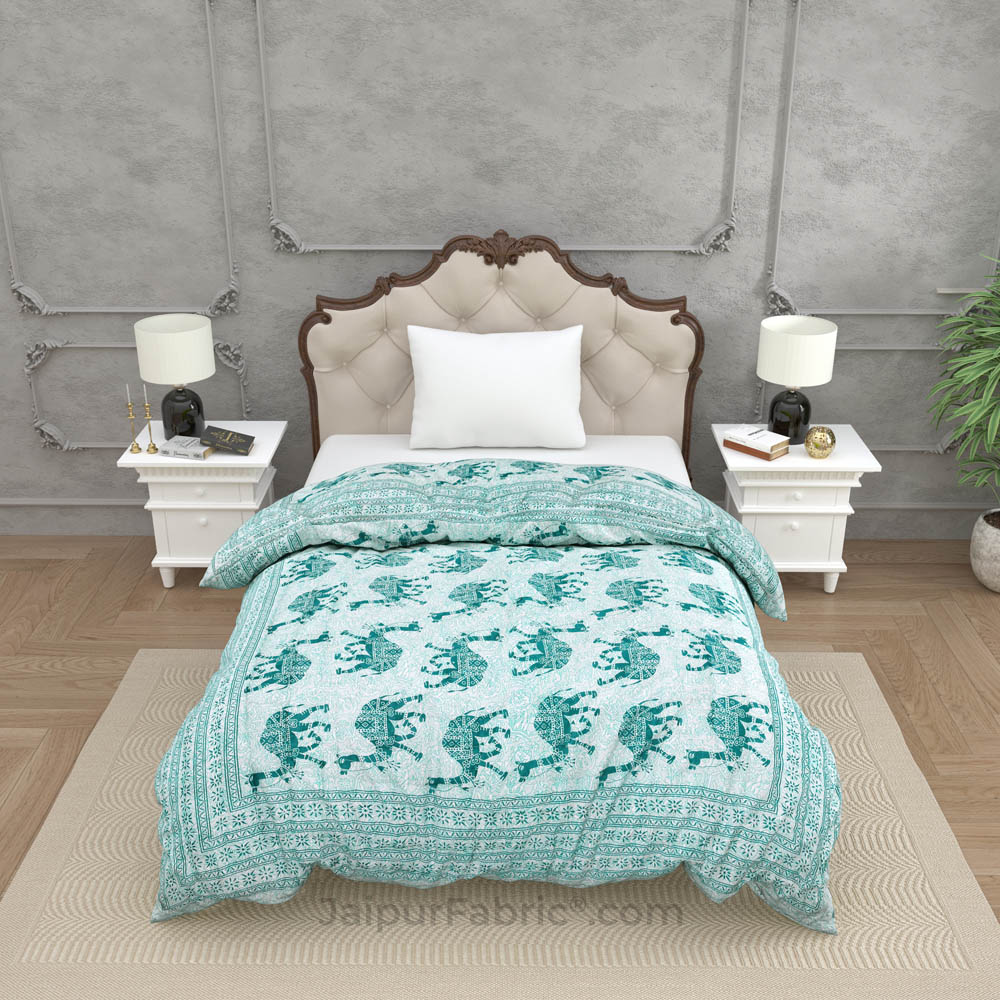 Jaipuri Quilt Sea Green Camel Print 200Gsm Fine Cotton Single Bed Rajai