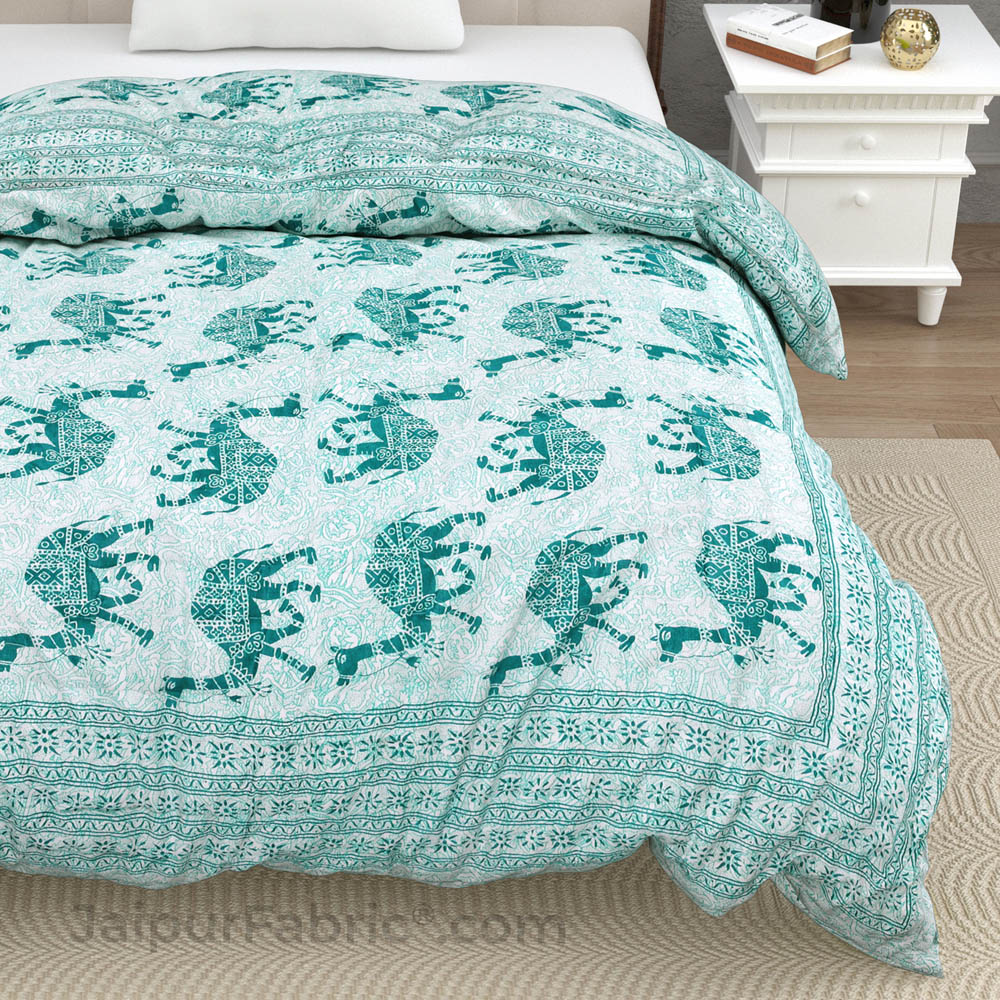 Jaipuri Quilt Sea Green Camel Print 200Gsm Fine Cotton Single Bed Rajai