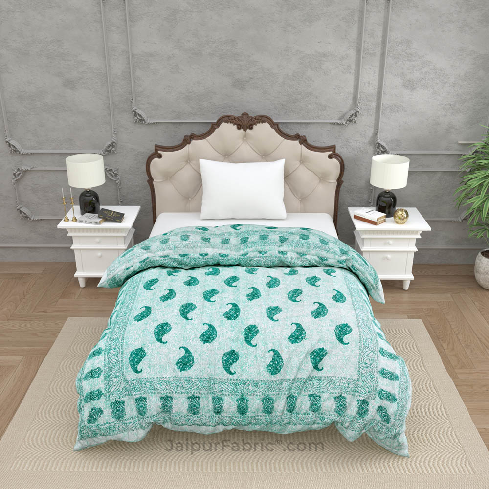 Jaipuri Sea Green Paisley Print 200Gsm Fine Cotton Single Bed Rajai