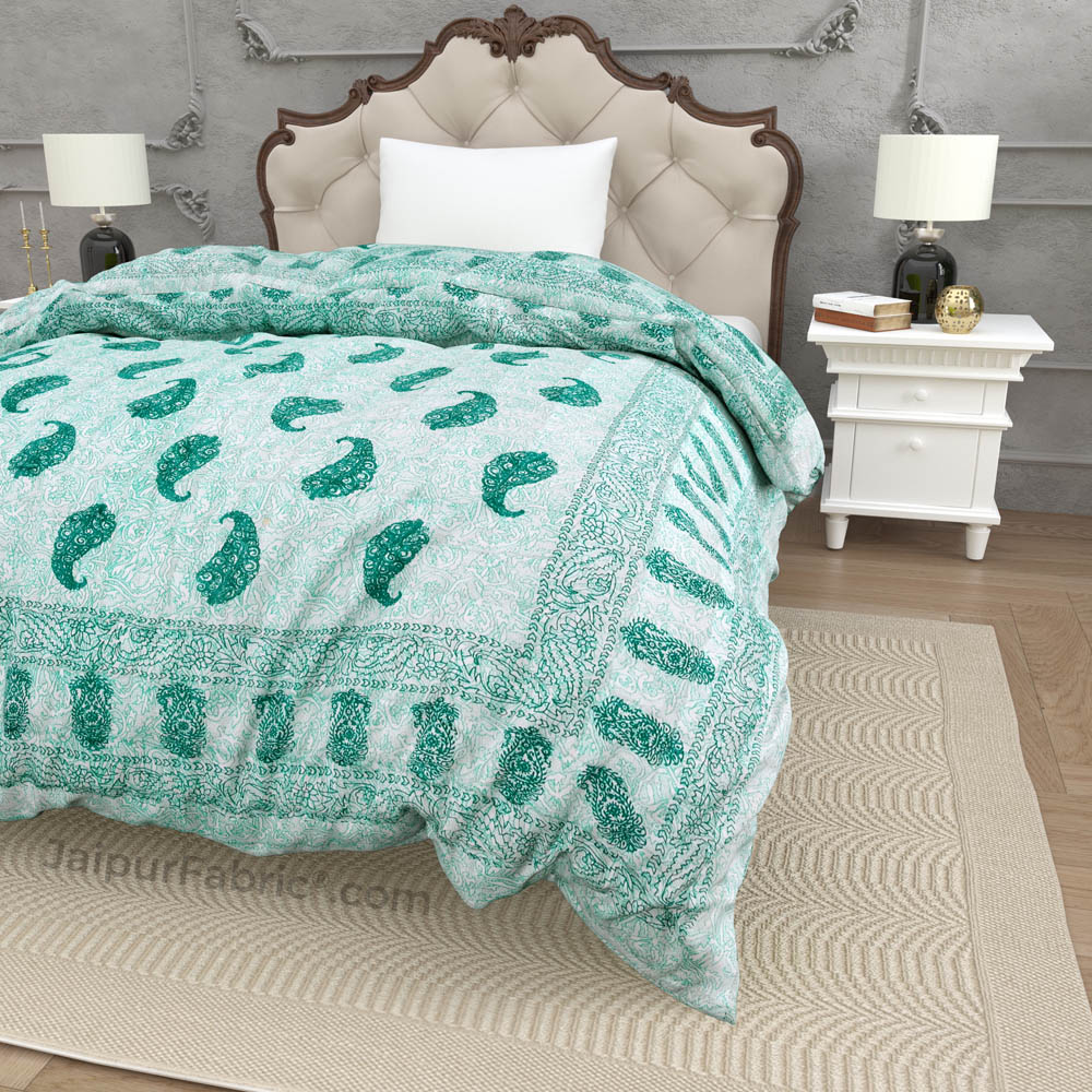 Jaipuri Sea Green Paisley Print 200Gsm Fine Cotton Single Bed Rajai