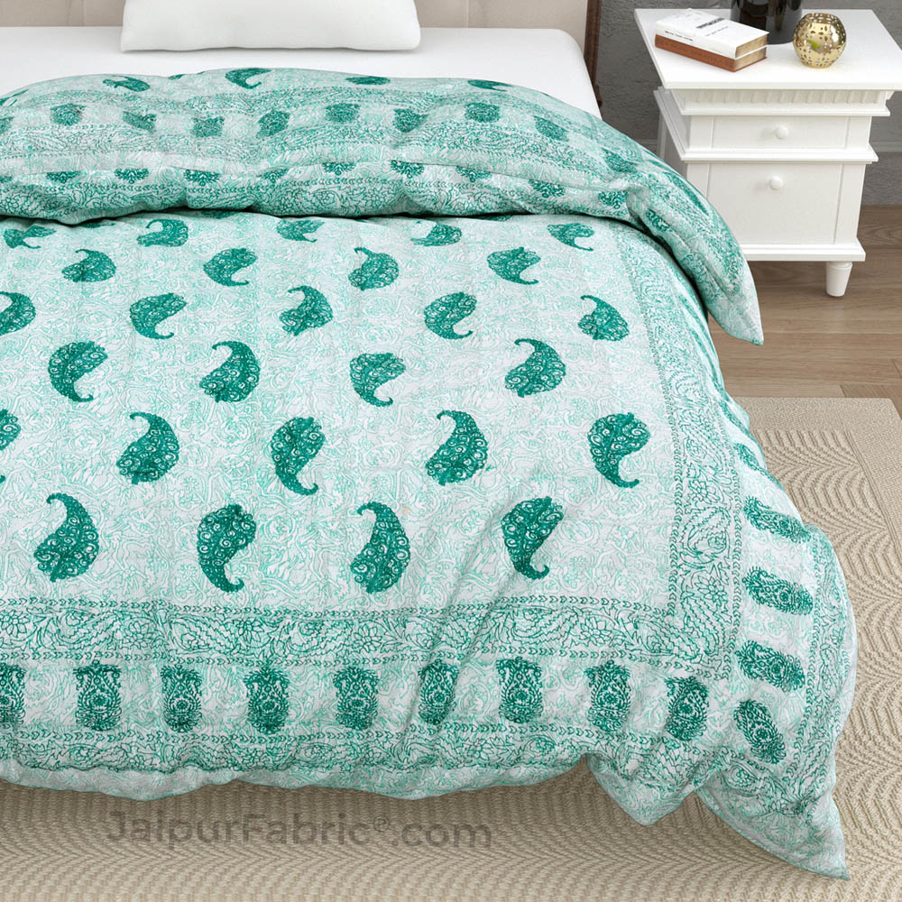 Jaipuri Sea Green Paisley Print 200Gsm Fine Cotton Single Bed Rajai