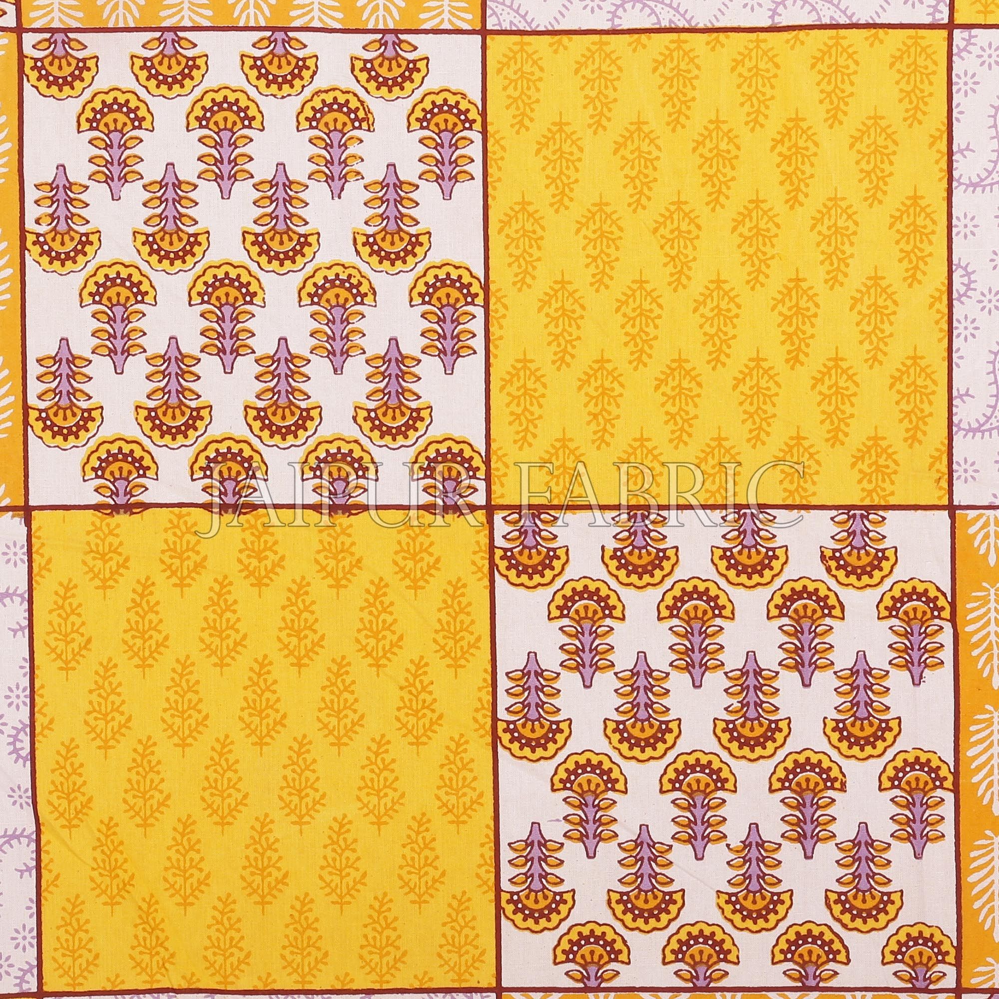 Yellow Border Square Pattern Screen Print Cotton Double Bed Sheet