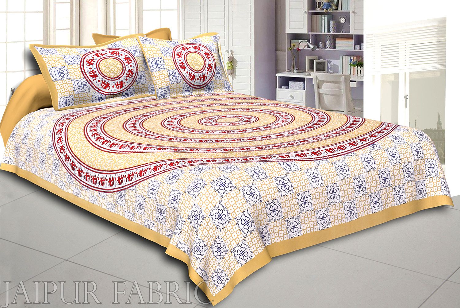 Orange Border White Base Circle Elephant Pattern Screen Print Cotton Double Bed Sheet