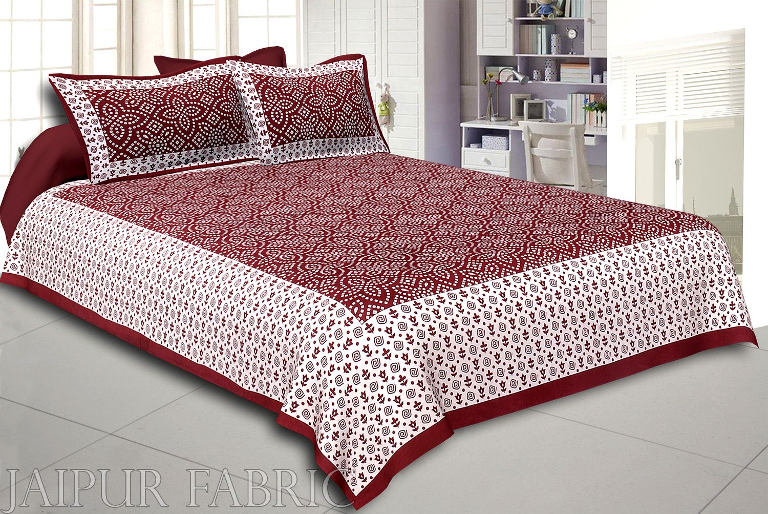 Sienna Border White Base Bandhej Pattern Screen Print Cotton Double Bed Sheet