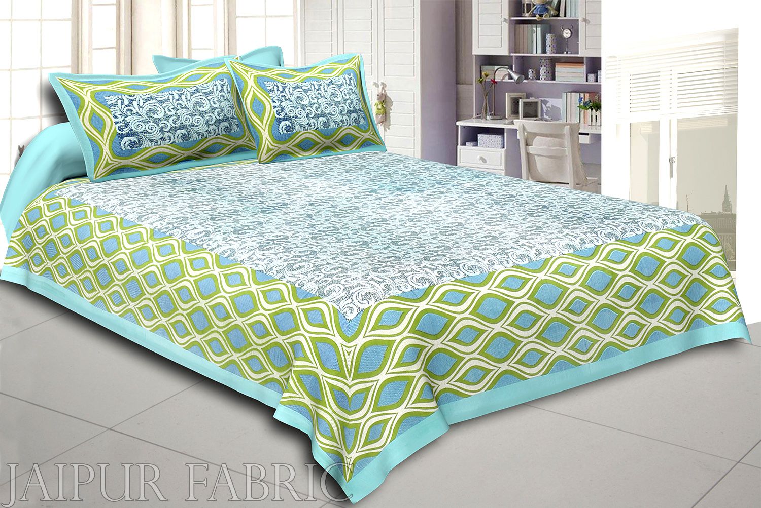 Sky Blue Border Retro Pattern Screen Print Cotton Double Bed Sheet