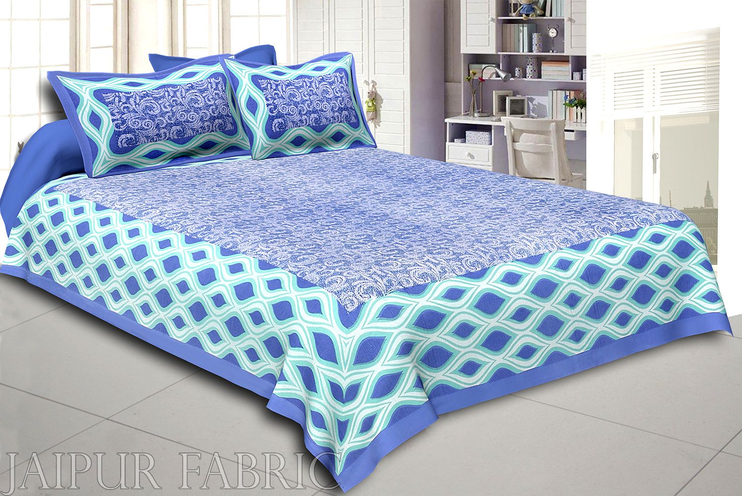 Navy Blue Border Retro Pattern Screen Print Cotton Double Bed Sheet