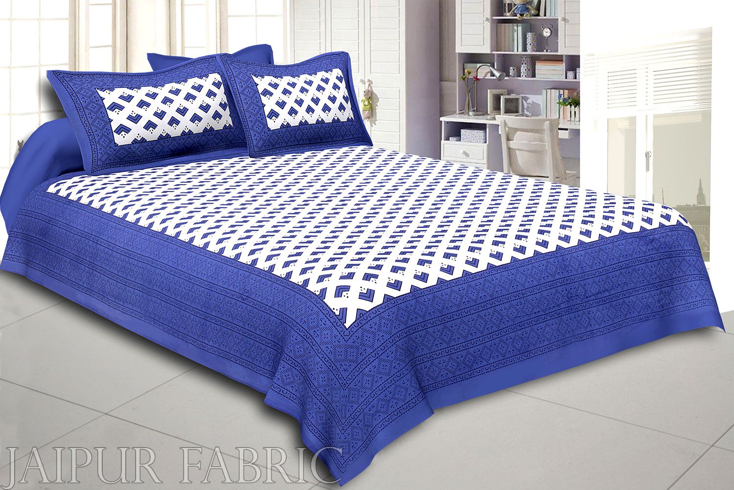 Navy Blue Border Arrow Pattern Screen Print Cotton Double Bed Sheet