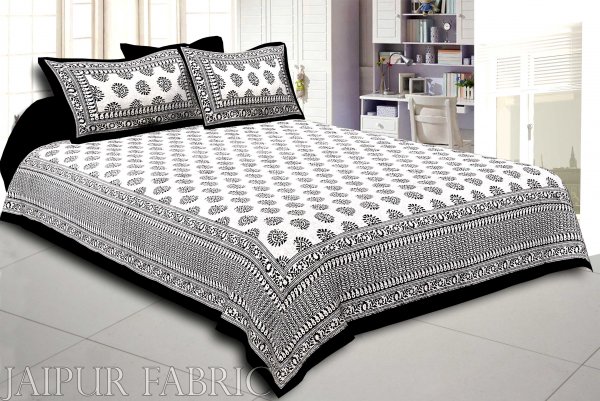 Black Border  Cream Base Kerry Pattern Hand Block Print Super Fine Cotton Bed Sheet