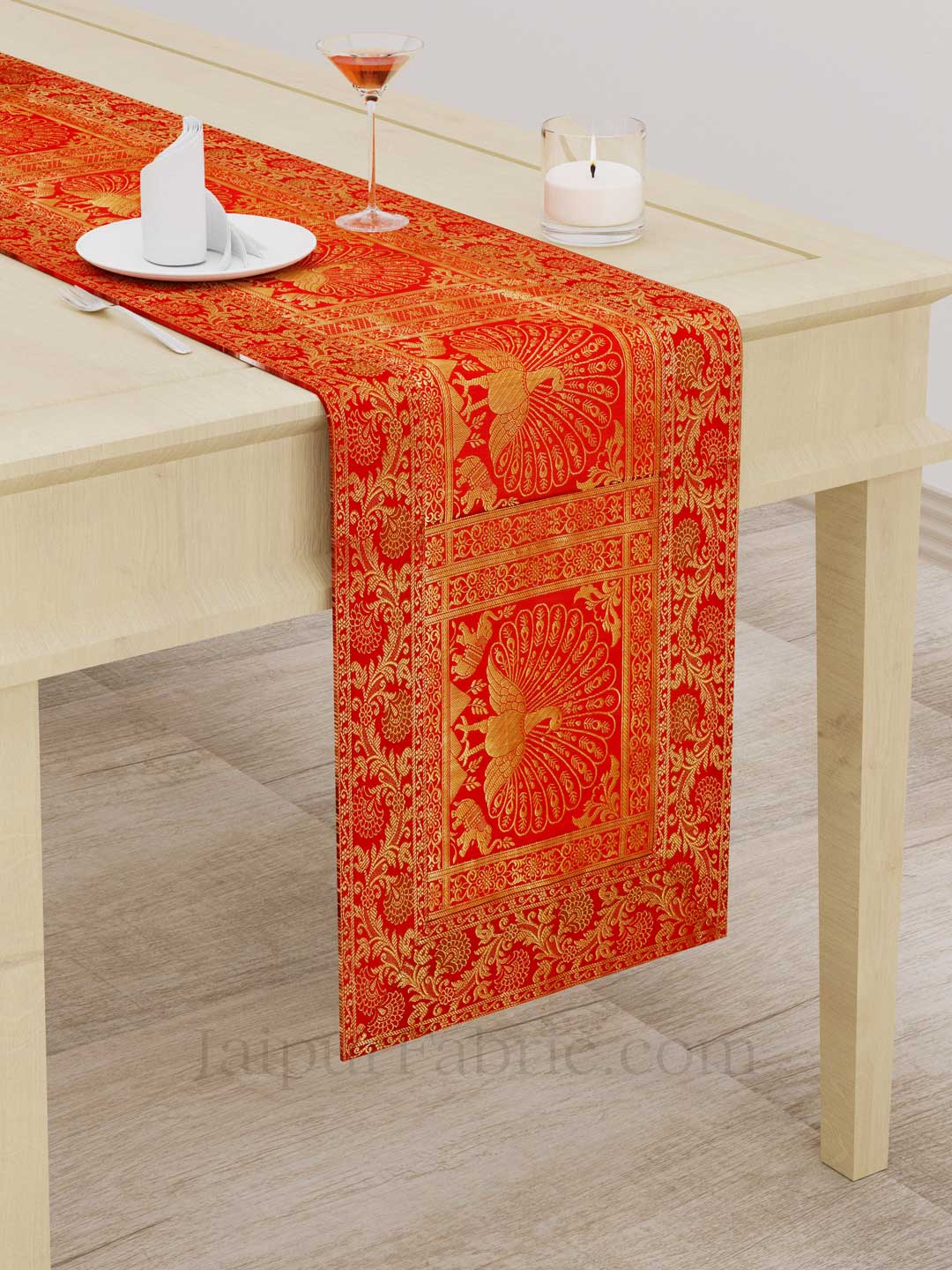 Royal Peacock Red Silk Table Runner